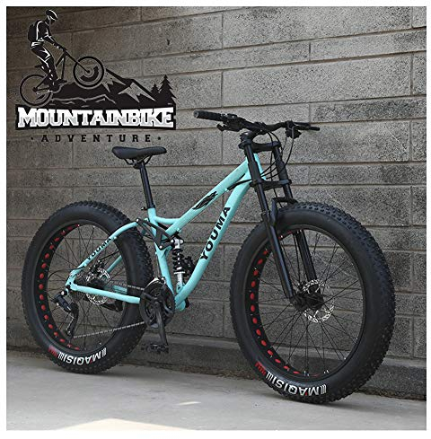 NENGGE MTB 26 Zoll Fette Reifen für Erwachsenen Herren Damen, Vollfederung Mountainbike mit Zwei Scheibenbremsen, Jugend Unisex Kohlenstoffstahl Fahrräder,Grün,21 Speed