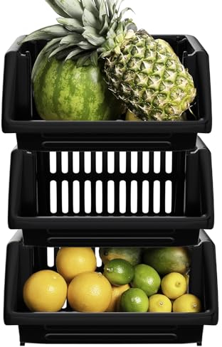 VR7 New Stackable Storage Drawers for Kitchen, Pantry, and Bathroom - Portable & Space-Saving Stacking Baskets Storage: Length 36cm x Depth 30cm x Height 17.5cm (Black, 3 rack)