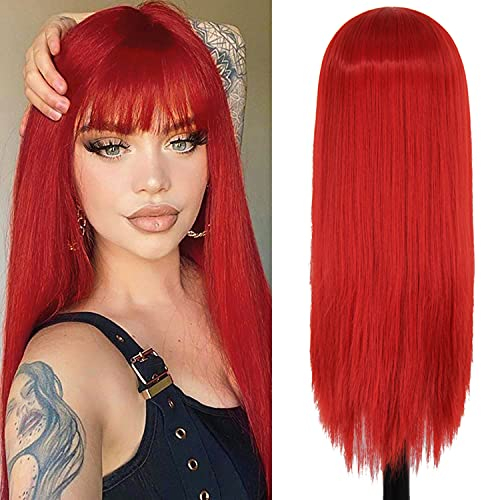 Perücke Rot Frauen mit Pony Lang Perücken für Damen Daily Party Kostüm Red Glatt Wig AL026B