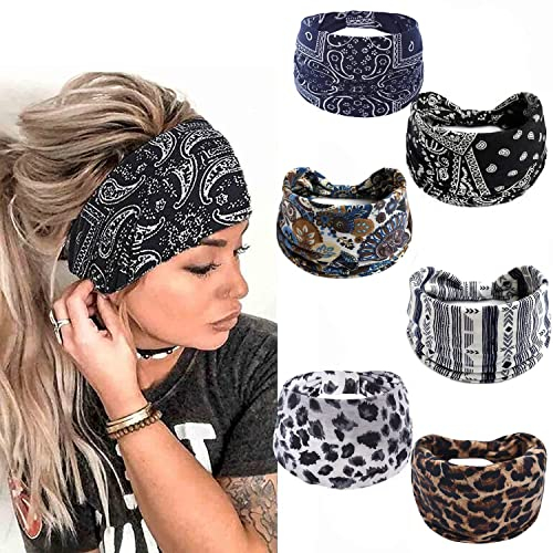 6 Stück Stirnbänder Damen Frauen Breites Haarband Boho Blumendruck Leopard Knot Elastische Lauf Yoga Kopfwickel Haarbänder Mehrfarbig