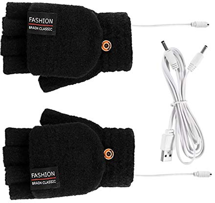 Soekodu USB Beheizte Handschuhe Unisex Fäustling Laptop Handschuhe Stricken Warm Voll/Halb Fingerlos Heizung Wärmer Elektrische Winter Hand Fäustling für Frauen Männer Mädchen (Schwarz)