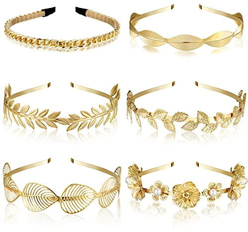 XunYee 6-teiliges Blatt-Stirnbänder-Set mit Perlen, Stirnbänder für Damen, griechische Göttin, Zubehör, Blume, Kunstperlen, Haarband, Gold, Metall, Abschlussball, Kopfschmuck, Krone, Braut-Haarband