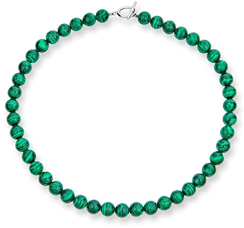 Bling Jewelry Collana di perle rotonde da 10MM in imitazione malachite verde foresta scura gioielli semplici occidentali per donne con chiusura placcata in argento 19 pollici.