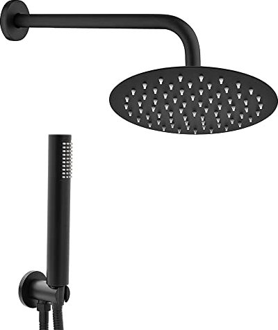 Set doccia con soffione e doccetta nero opaco, acciaio INOX e abs, anticalcare (Diametro 30 cm, Tondo)
