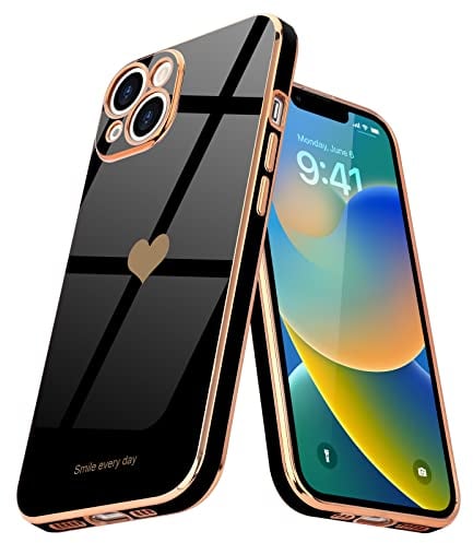 Teageo Kompatibel mit iPhone 14 Hülle, Süße Herzmuster Mädchen Handyhülle Luxuriös Galvanisierte Weich TPU Kameraschutz Kratzfest Stoßfest Schutzhülle Bumper Phone Case für iPhone 14, Schwarz