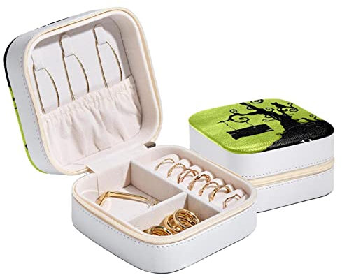 Diusye Schwarze Katze Halloweens sitzt auf totem Baum Kleine Schmuckschatulle für Ring, Ohrring, Halskette, Armband, Reise-Schmuckkästchen, Aufbewahrungs-Organizer für Frauen, Mädchen, Geschenke