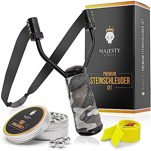 MAJESTY FOREST® Premium Steinschleuder Set (Snow-Camo) - Profi Schleuder Zwille für Sport und Outdoor - Slingshot Bundle mit 100 Kugeln + Ersatzgummi und E-Book