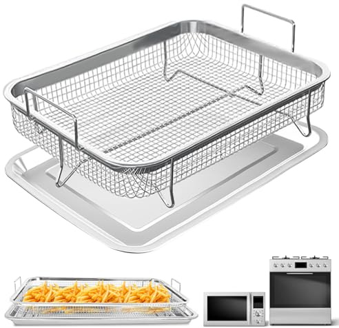 Air Fryer Basket for Oven,2 Pieces 11.8 * 8.8'' Non-stick Stainless Steel Mesh Grill Basket Air Fryer Baking Tray Accessories Rack Roasting Basket for Convection Oven with Air Fryer, Dishwasher Safe
