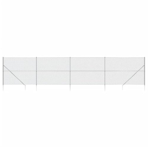 vidaXL Silver Chain Link Fence with Spike Anchors- Galvanised Steel Construction, Versatile Use, Durable Interlocking Design, Easy Installation Kit, 1.6x10mDimensions
