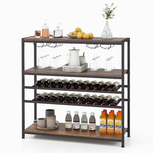 GIANTEX Mesa con Botellero de 5 Niveles, Mueble de Bar Independiente con 2 Botelleros & 4 Filas de Portavasos, Mueble de Vino de Suelo para Cocina, Comedor, Marrón
