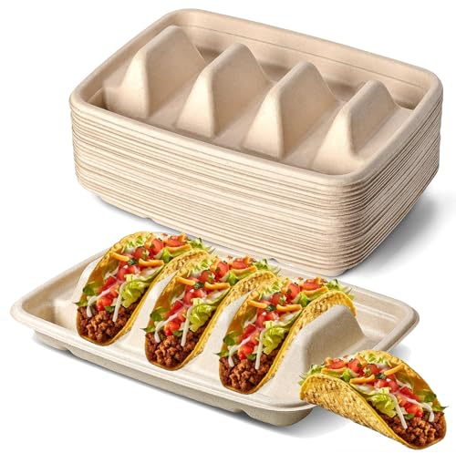 UOKIIYUA Lot de 25 assiettes à tacos jetables pour 3 tacos - En papier épais avec 3 compartiments - Excellent support de plateau à tacos pour tacos