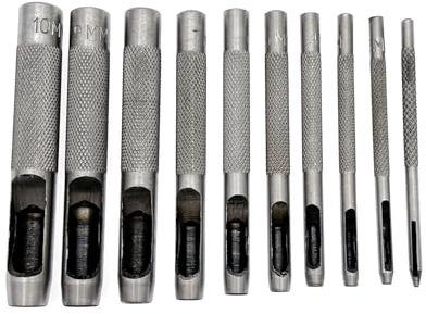 JZK 10 x Rundstahl-Hohlstanzer-Set, Leder-Lochschneider, Hartstahl, Leder-Stanzwerkzeug für Uhrenarmbänder, Dichtungen, Schuhe, Stoff, Leinwand, Papier, Kleidung, Ösen (1 mm bis 10 mm)