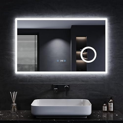 SONNI Espejo de Baño LED 100 x 60 cm Espejo de Baño con Iluminación Blanco Frío 6400 k Espejo con Interruptor Táctil Temperatura del Reloj del Espejo Montado en La Pared 3 Veces Amplificada