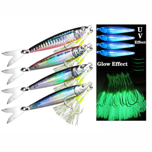 Feianoto Esca da pesca a passo lento a lancio lungo, con cucchiaini in metallo, stampa 3D, esca dura per affondare, jigging, con ami luminosi (60 g, 4 pezzi)