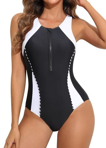 Charmo Damen Badeanzug Bauchweg Sport Schwimmanzug Einteiler Vorne Reißverschluss Bademode mit Cups Swimsuits for Women