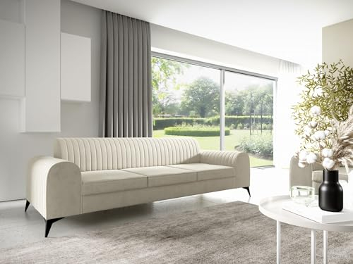 LIKMA Ekrü 3 Sitzer Samt Sofa ELSA 234x77x93 cm 3-er Couchgarnitur Hydrophobe Beschichtung Velvet Moderne Wohnzimmer Couch Velours Glamour Design Stoff Fresh 01