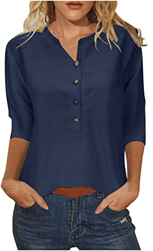 Oberteile Damen Casual Sport T-Shirt 3/4 Arm Bluse Tops Lässige Baumwolle Sommershirt Knopfleiste V-Ausschnitt Mode Drucken Tunika Longshirt Leicht Elegant Langarmshirt Weich Bequem Sportshirt 2024