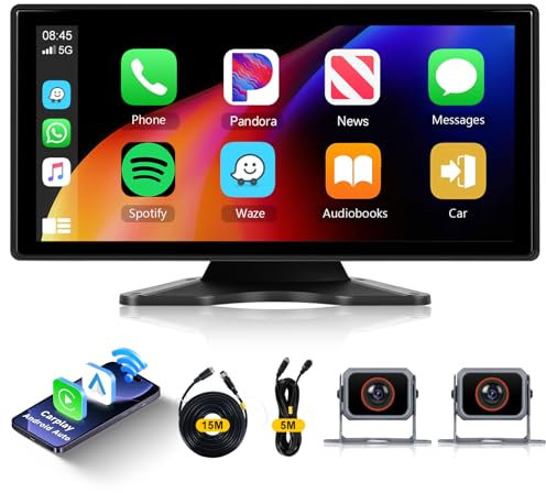 Hodozzy Monitor de Cámara Trasera 2 Cámaras Inalámbrica Carplay Android Auto,10,36 Pulgadas HD IPS Pantalla Táctil Portátil Radio con Bluetooth Mirrorlink Grabación de Bucle de Vídeo FM AUX USB