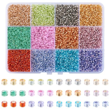 Craftdady 15700 cuentas de cristal de 12/0 2 mm, cuentas checas pequeñas con forro de plata, para manualidades, en caja, 12 colores para hacer joyas, pulseras, collares, agujero: 1 ~ 1,4 mm