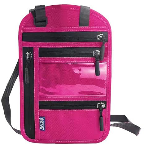 Mynoozi Brustbeutel mit RFID Schutz-Reisegeldbeutel für Damen und Herren, wasserdichte Passporttasche mit verstellbarem Halsband für Passport, Kreditkarten, Münzen und Reise Zubehör -Rosarot