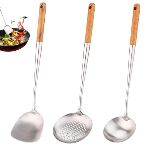 KDAMGOQE Spátula Wok Ladle Wok, Cametón de Wok y Skimmer Camézal Spátula de Acero Inoxidable Wok con Mango de Madera Cepillado Simmer Camiendo Carril Almacenamiento Wok Cocina Cocina Utensilios