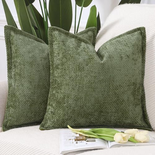 Madizz 2er Set Chenille Samt mit Rand Kissenbezüge Weiche Dekorativ Zierkissenbezüge Modern Kissenhülle für Sofa Wohnzimmer Schlafzimmer Moosgrün 40x40 cm