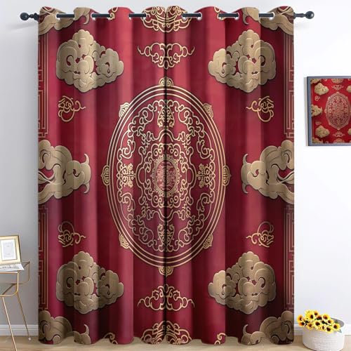 Generic Orientalische Traditionelle GlüCkswolke Bedruckte Vorhänge, Wohnzimmer Gardinen Modern H215 x B110 cm (2er Pack) Bedruckte Vorhang-Fensterdekoration Pflegeleicht Rot Gold