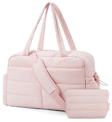 bagsmart Reisetasche Sporttasche Damen, 31L Wasserabweisend Puffer Handgepäck Tasche Weekender Bag Gesteppt Laptop-Handgepäck mit Kosmetiktasche, Kliniktasche Geburt für Gym, Fitness, Arbeit, Rosa