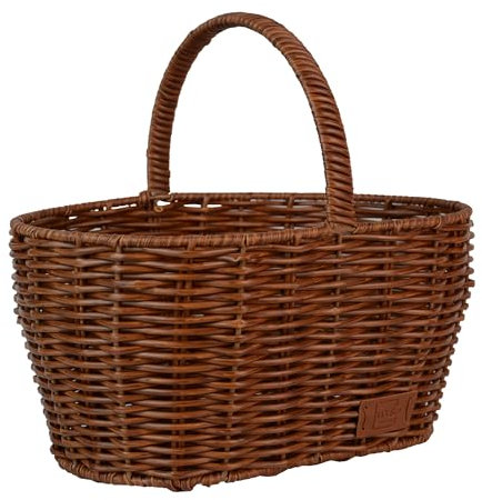 UNUS Einkaufskorb in Rattan-Optik, Langlebig und Wetterfest, ideal für Einkäufe, Picknick und Aufbewahrung, Kunststoffkorb mit stabilem Henkel, Mittel, Braun