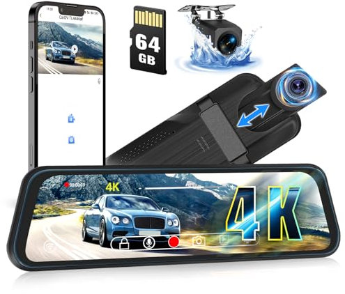 CAMECHO 1080p WIFI Mirror Dash Cam, 9.66 Full IPS Touch Screen with Loop Recording, Dual Dash Cam Front and Rear, Rear View Mirror Camera, Night Vision, G-Sensor, Reverse Assist, Included 64GB Card