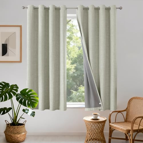 Joydeco 100% Blickdichte Vorhänge mit Ösen Gardinen Leinenoptik 2 Stück, Verdunkelungsvorhang Leinen Thermovorhang Hitzeschutz, Wärmeisolierte Beschichtung Rückenschicht für Schlafzimmer Wohnzimmer