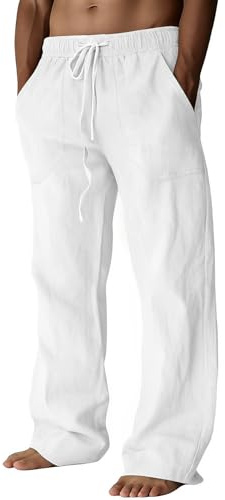 Puimentiua Leinenhose Herren,Lang Leichte Sommerhose,Sommer Leinen Hosen,Loose Fit Baumwollehosen mit Tunnelzug und Taschen (S-3XL)