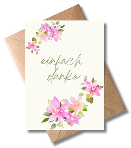 WBdesignz Dankeskarte „einfach danke“ – Florales Design mit Aquarell-Blumen – liebevolle Karte zum Danke sagen für Freundinnen, Freunde, Kolleginnen, Nachbarn oder Lehrer – mit Umschlag
