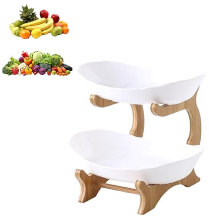 Cesta de frutas de 2 niveles, estante para verduras, cesta de pan, estante de madera de polipropileno, bandeja de servir, cestas de frutas, estante de almacenamiento de verduras para cocina, hogar