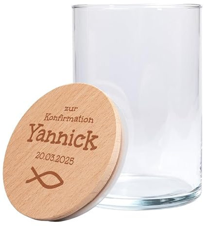 Personalisiertes Vorratsglas mit Holzdeckel | zur Konfirmation (Fisch) | Konfirmationsgeschenk | mit Wunschnamen und Wunschdatum graviert | Geschenkidee für den Konfirmanden