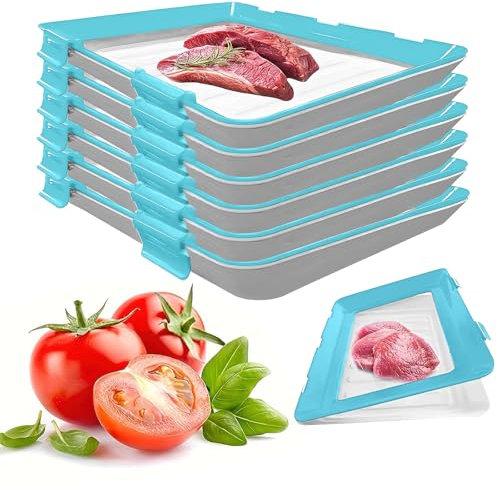 YSINOBEAR Vacuum Fresh Storage Tray,Reusable Creative Food Storage Container, 12x8.6 Stackable Food Preservation Tray with Elastic Lid with Buckle for Vegetable Fruit Meat Fish (6pcs/C)