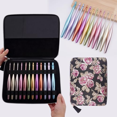 Mdoker Aluminium-Häkelnadel-Set mit Etui, ergonomischer Griff, rutschfeste Haken für arthritische Hände, perfektes Häkelgeschenk für Frauen, 3 mm - 10 mm