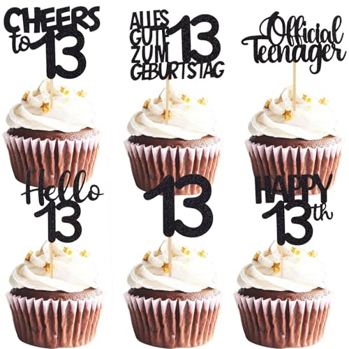 ALEGRE Cupcake Topper 13 Geburtstag Junge,24 Stück Muffin Deko 13 Geburtstag Mädchen,Schwarz Glitzer Cupcake Deko 13. Geburtstagdeko,Official Teenager Tortendeko 13 Geburtstagdeko, 2012 Kuchen Deko 13
