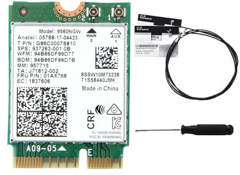 Quystetes 9560NGW WiFi -Karte+2xantenna 1730 Mbit/S Wireless AC9560 Dual Band 2,4G 5G BT5.0 802.11AC M.2 CNVI 9560NGW Wireless Card