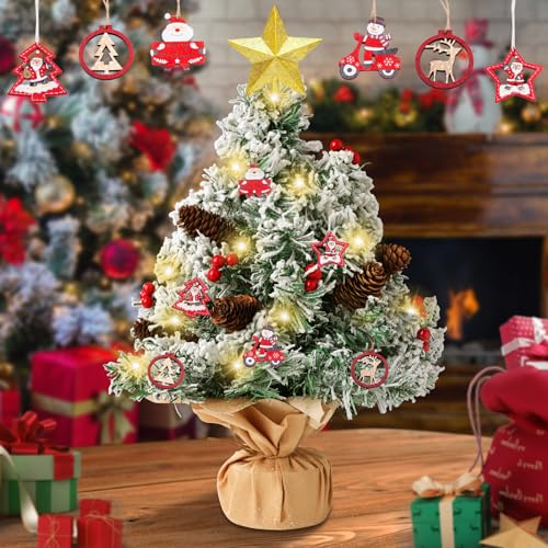 KIMIGO Arbol de Navidad PequeñO,Árbol de Navidad Artificial,con Luces LED 50cm Árbol de Navidad de Mesa Decoración de Mesa,y Pequeños Adornos Rojos,para decoración de Navidad
