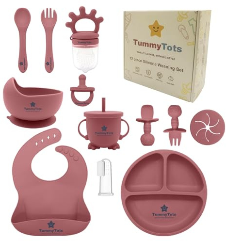 TummyTots 12Pcs Pink Baby Weaning Set – Baby Feeding Set with Baby Bowls, Baby Plates with Suction, Baby Spoons, Baby Cutlery & Weaning Spoons, Toddler Plates, Weaning Bib & Sippy Cup – Baby Gifts