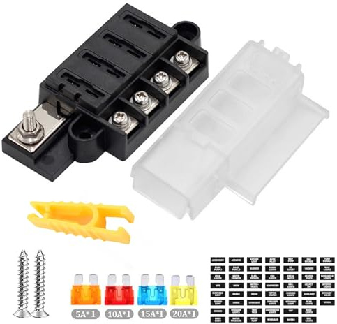 Vaskula 4 Fach Sicherungshalter 12V Sicherungskasten Kfz Sicherungshalter mit 4 Stück 5a/10a/15a/25a Sicherungsträger +Extraktionsclip Einsetzen Geeignet für Frachtschiffe Autos Yachten LKWs