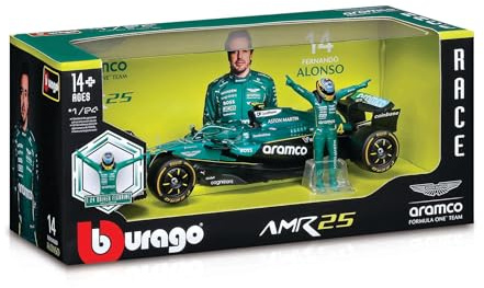 Bburago F1 Aston Martin AMR25#14 Alonso inkl. Figur Rennfahrer (2025) - Modellauto Formel 1 Maßstab 1:24, Originalgetreues Sammlerauto Spielzeugauto, ab 14 Jahren (18-28071A)