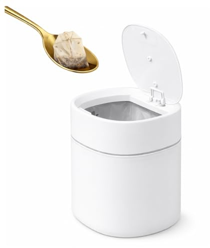 Compact Countertop Teabag & Coffee Pod Bin with One-Touch Lid, White Mini Kitchen Waste Bin, 13.5 x 13.5 x 14.5cm, Includes 40 Bin Bags