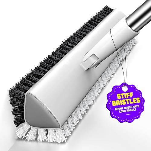 Long Handled Scrubbing Brush, V-Shaped Grout Brush with 180° Swivel Head, Heavy Duty Stiff Bristle Floor Scrubbing Brush for Tile, Shower, Bathroom, Kitchen, Patio & Garage