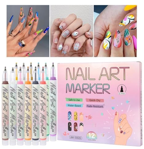 Rotuladores de Uñas para Niñas Herramientas de Pintura de Manicura de 12 | Marcadores para Uñas de Punta 0,7 mm para Dibujar Puntos Arte Acrílico Chicas Salón Hogar Belleza y