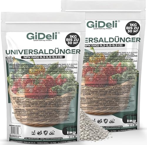 GiDeli Universaldünger 2x1kg - Dünger Garantiert Gesunde und Nährstoffreiche Ernten - Gemüsedünger Niedriger Chloridgehalt - Langzeitdünger Einflussnahme auf die Pflanzenentwicklung