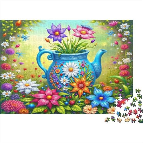 Blauer Teekessel Bunte Blumen 1000 Teile Puzzle Spiel Puzzle für Erwachsene Entspannung Zuhause Geschenk 70x50cm/1000pcs