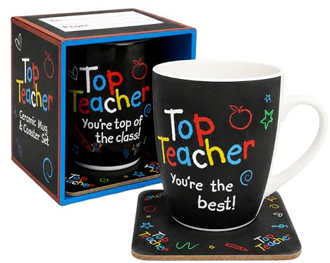 Topline Ceramic Mug & Coaster Set for Teachers Gifts - Top Teacher 11oz Colourful Mug & Coaster Gift Box for School Leavers, End-of-Term Gifts for Teacher