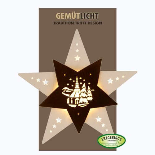 weigla - Fensterbild original Erzgebirge Stern Seiffener Kirche I Weihnachtsdeko Fenster I 1 LED Lampe I 0,8 W, E14 I Fensterbild Weihnachten I Weihnachtsbeleuchtung Holz I Fensterdeko hängend